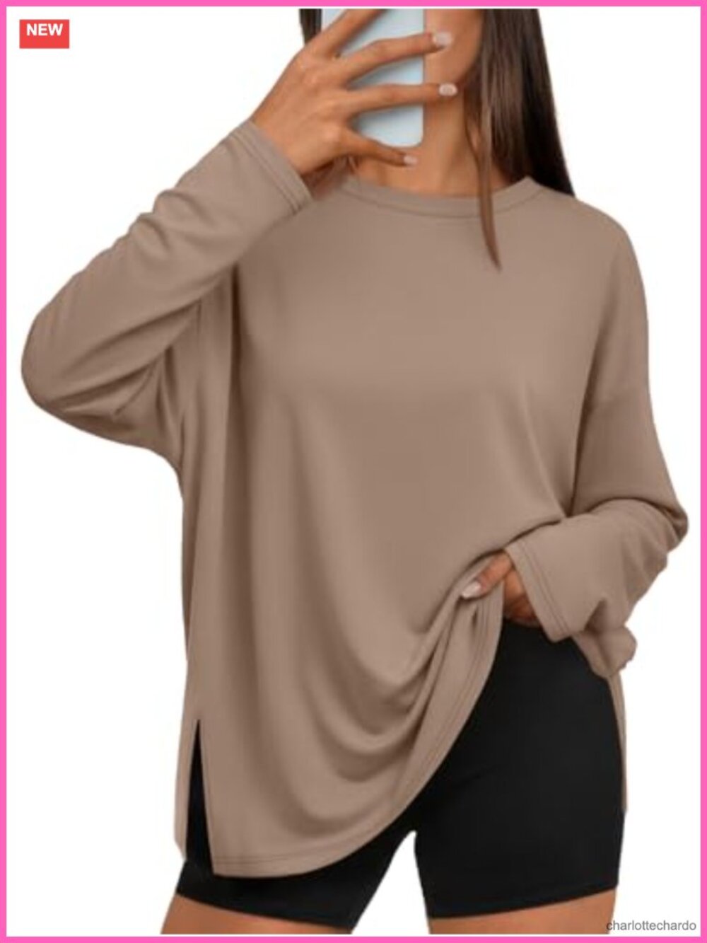 Oversized Long Sleeve Side Slit Tunic T-Shirt Crewneck Casual Top